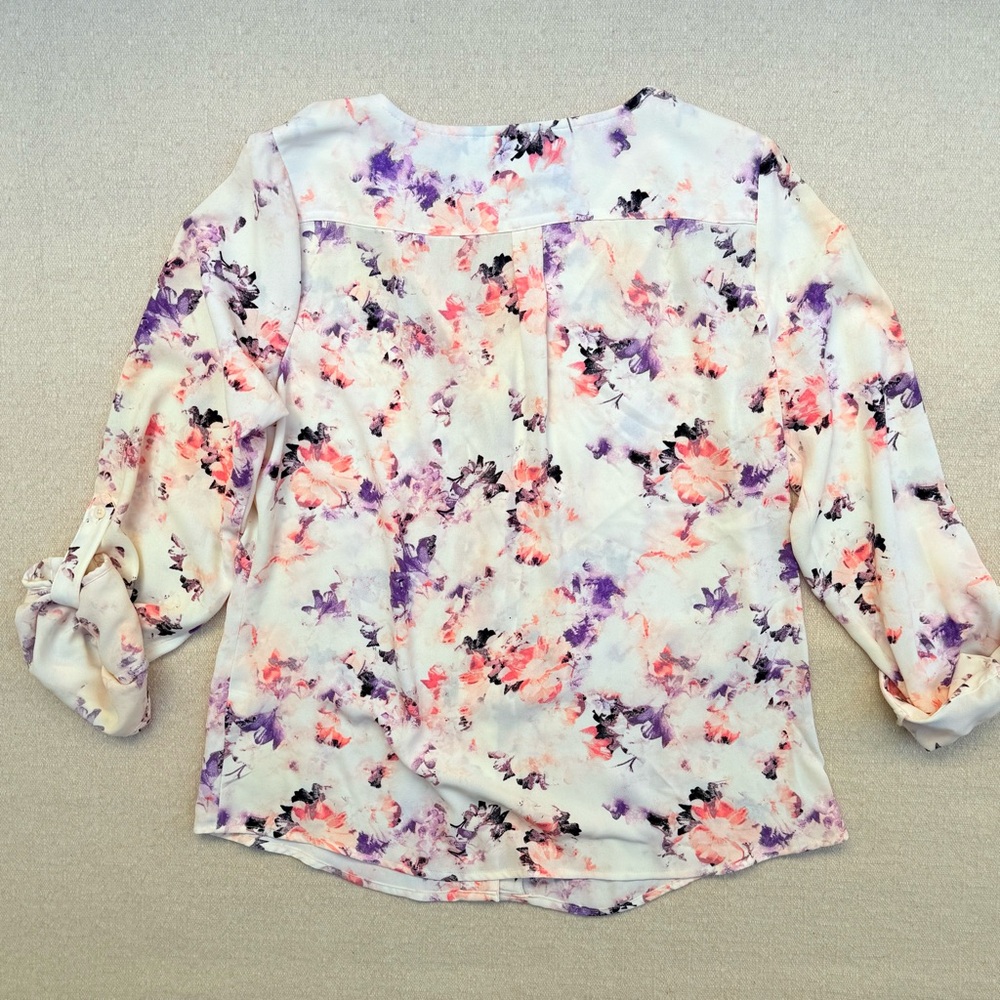 Apt 9 Floral Rose Button Up Blouse Purple White Pink Long Sleeve M - Picture 8 of 8